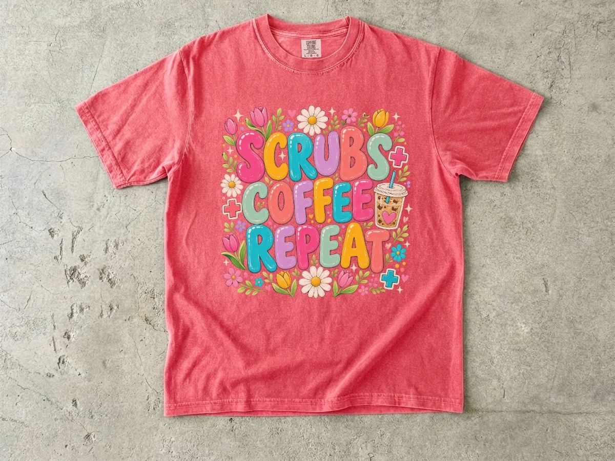Scrubs Coffee Repeat T-Shirt — Cute Floral Nurse Tee for Healthcare Workers