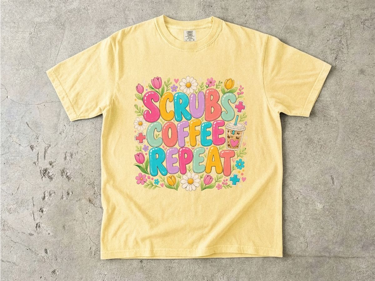 Scrubs Coffee Repeat T-Shirt — Cute Floral Nurse Tee for Healthcare Workers