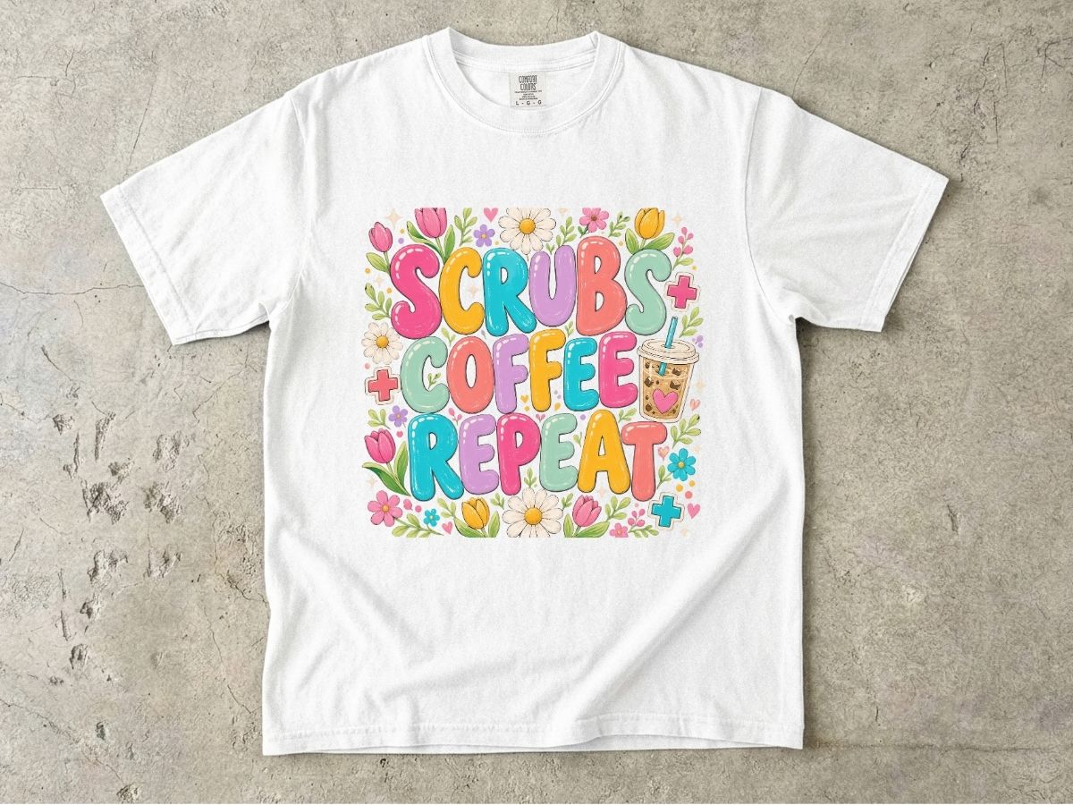 Scrubs Coffee Repeat T-Shirt — Cute Floral Nurse Tee for Healthcare Workers