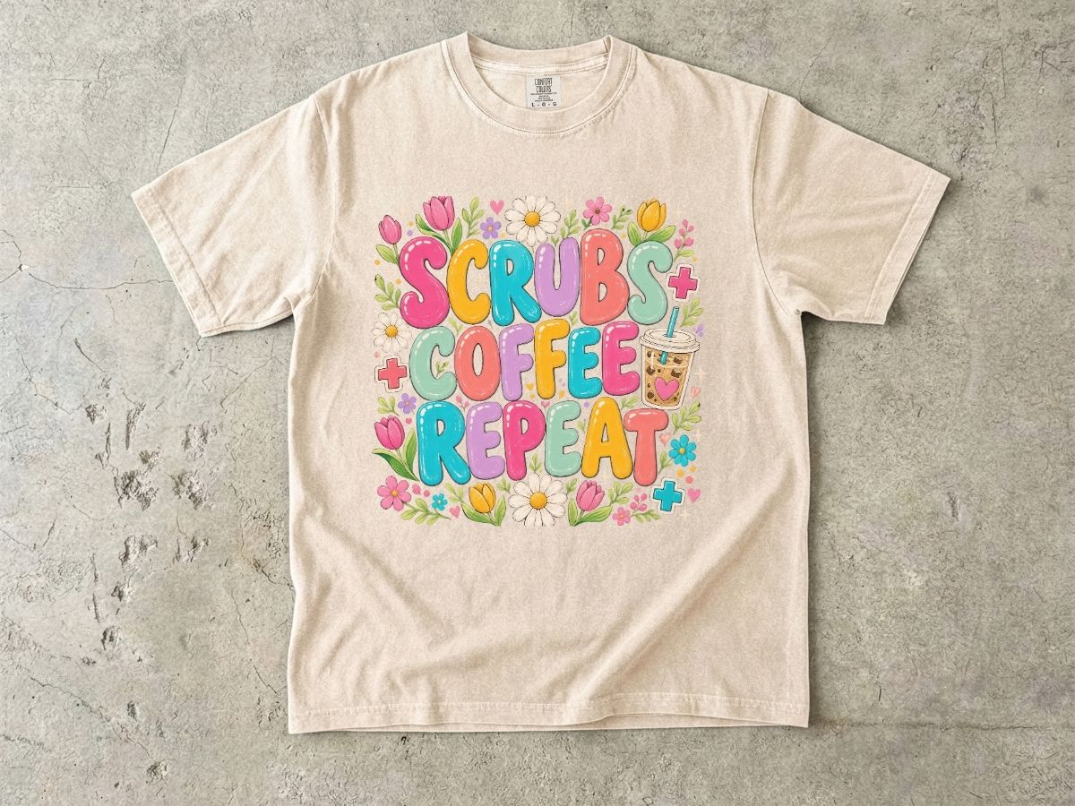 Scrubs Coffee Repeat T-Shirt — Cute Floral Nurse Tee for Healthcare Workers