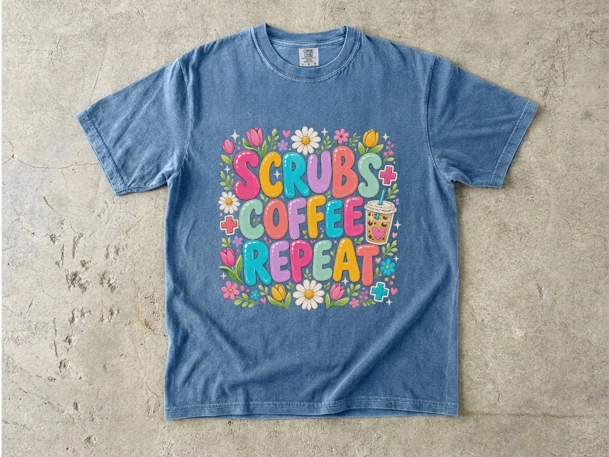 Scrubs Coffee Repeat T-Shirt — Cute Floral Nurse Tee for Healthcare Workers