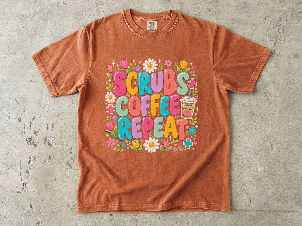 Scrubs Coffee Repeat T-Shirt — Cute Floral Nurse Tee for Healthcare Workers