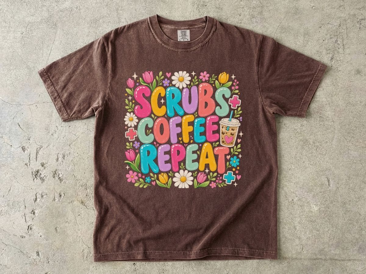 Scrubs Coffee Repeat T-Shirt — Cute Floral Nurse Tee for Healthcare Workers