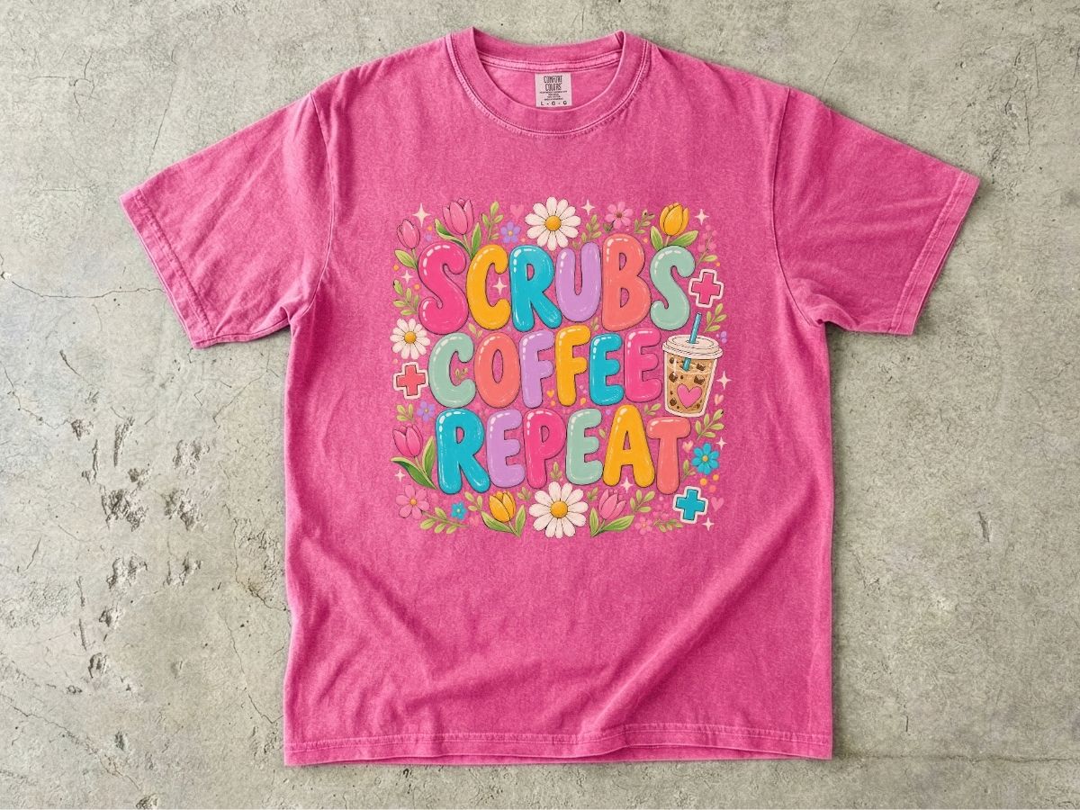 Scrubs Coffee Repeat T-Shirt — Cute Floral Nurse Tee for Healthcare Workers