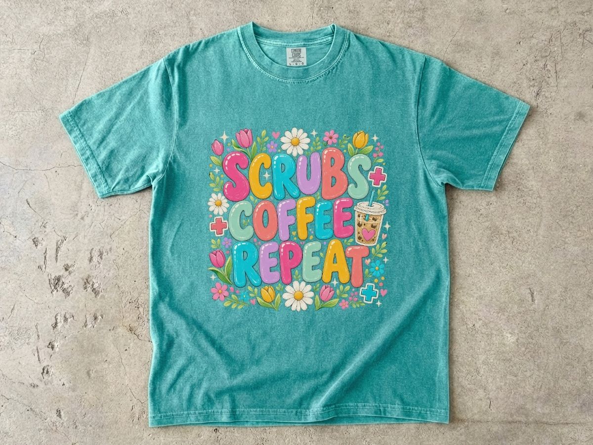 Scrubs Coffee Repeat T-Shirt — Cute Floral Nurse Tee for Healthcare Workers