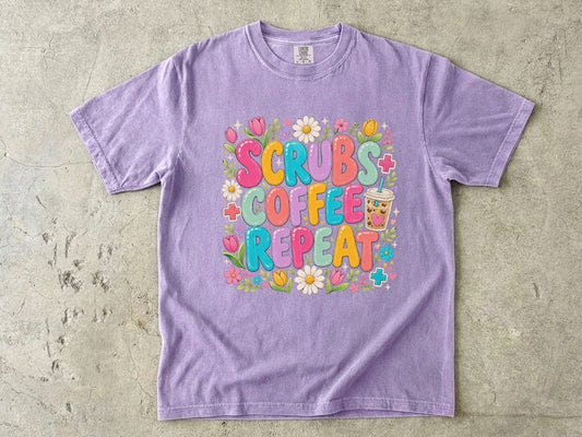Scrubs Coffee Repeat T-Shirt — Cute Floral Nurse Tee for Healthcare Workers