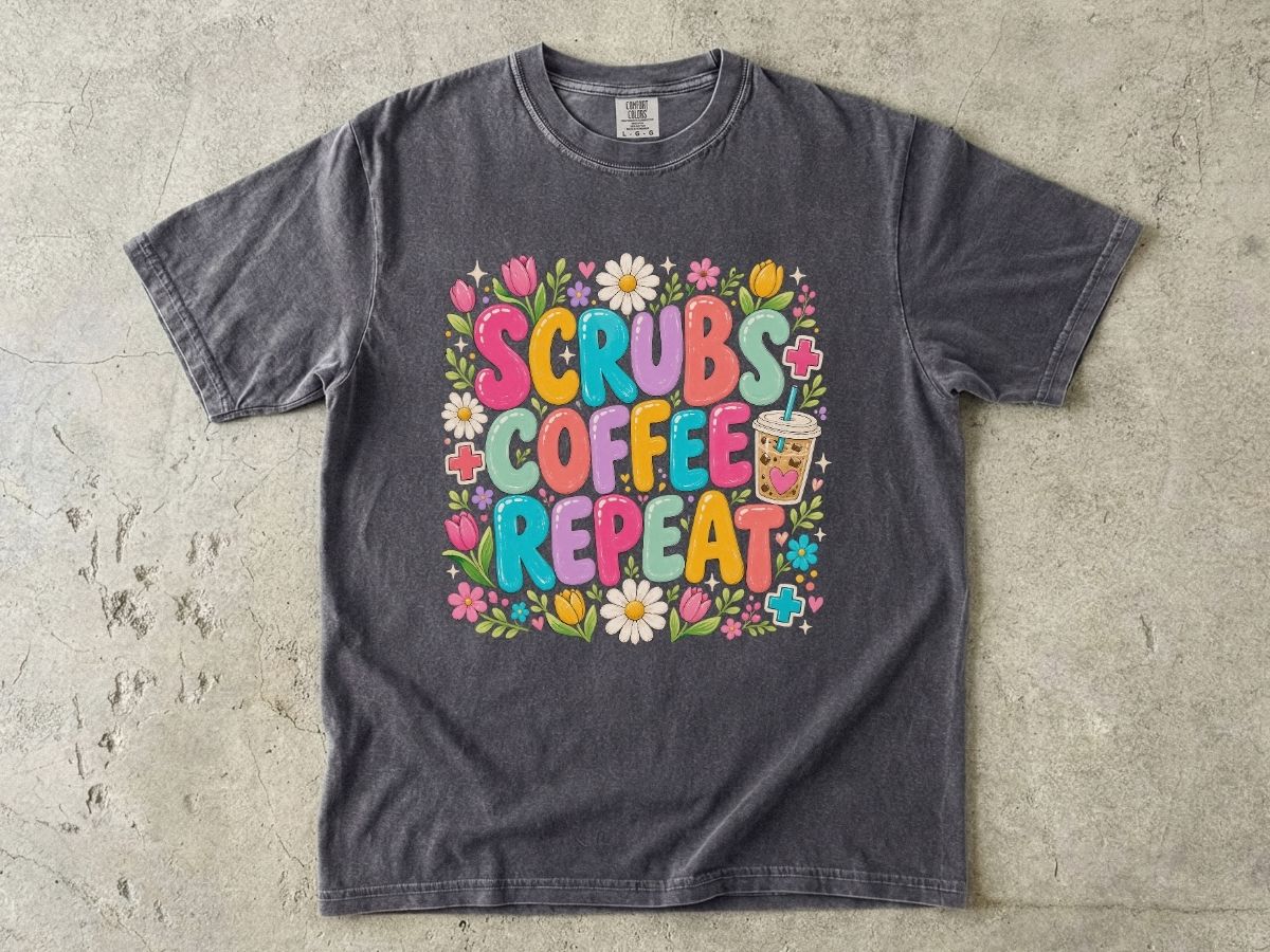 Scrubs Coffee Repeat T-Shirt — Cute Floral Nurse Tee for Healthcare Workers