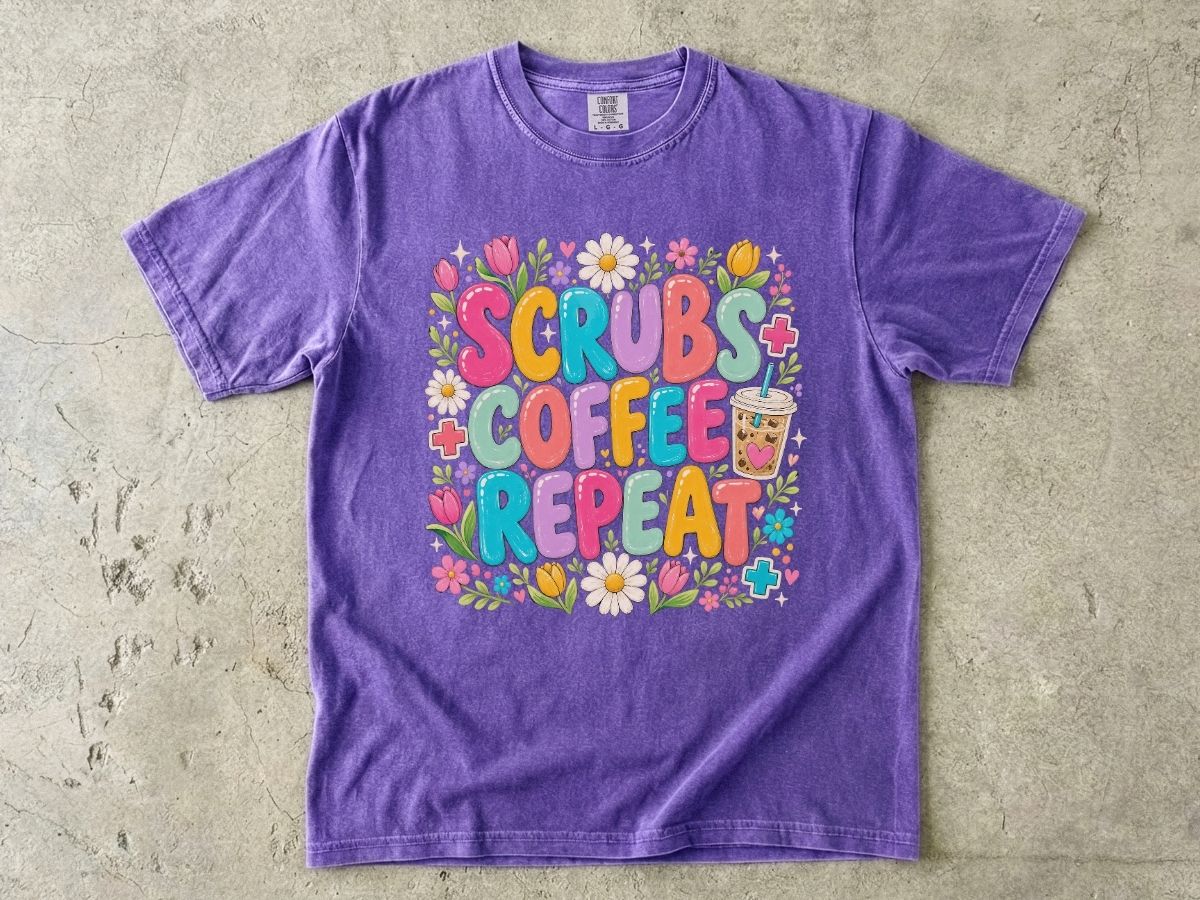 Scrubs Coffee Repeat T-Shirt — Cute Floral Nurse Tee for Healthcare Workers