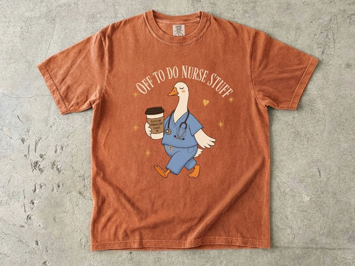 Nurse Goose Coffee T-Shirt — 'On My Way to Save' Cute Medical Scrubs Tee