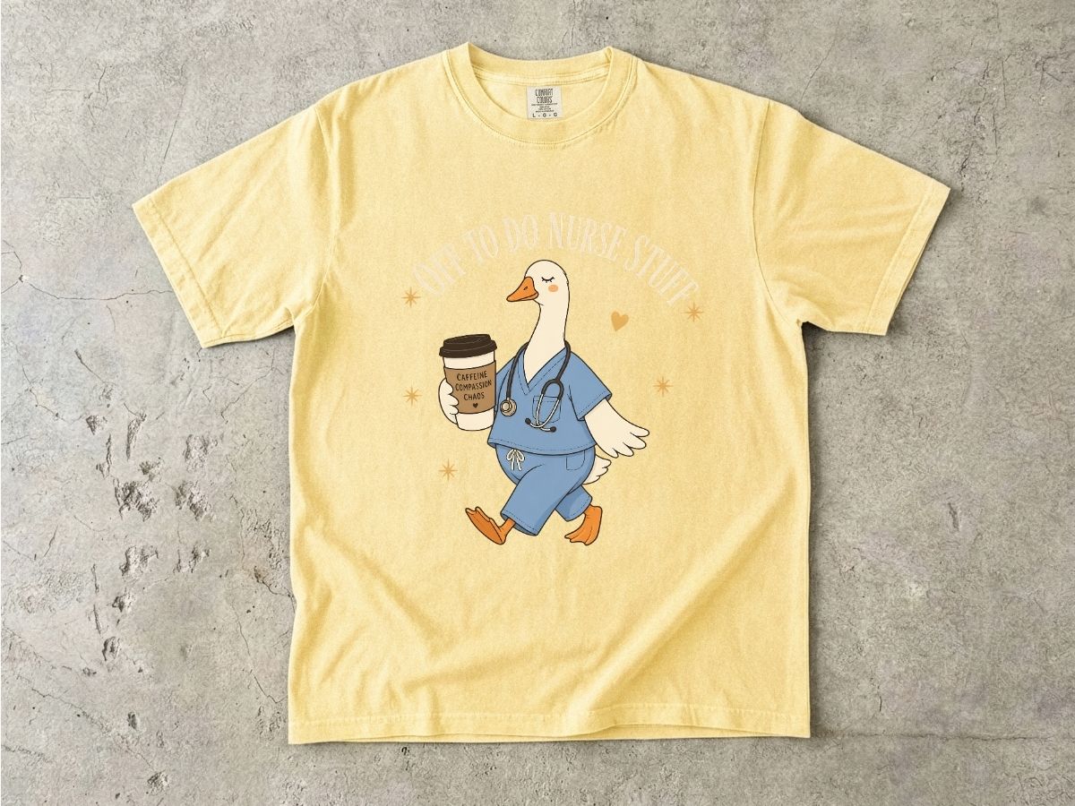 Nurse Goose Coffee T-Shirt — 'On My Way to Save' Cute Medical Scrubs Tee