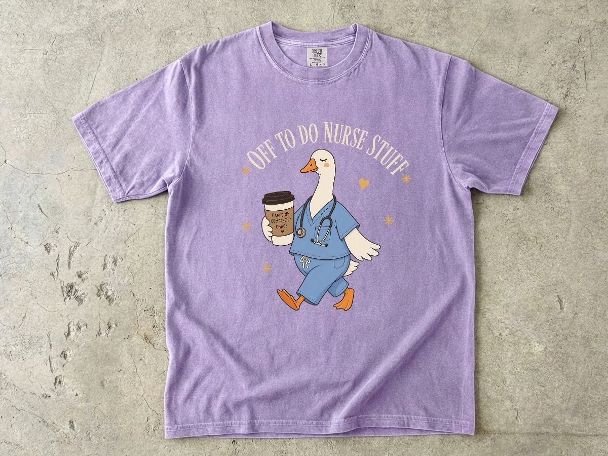 Nurse Goose Coffee T-Shirt — 'On My Way to Save' Cute Medical Scrubs Tee