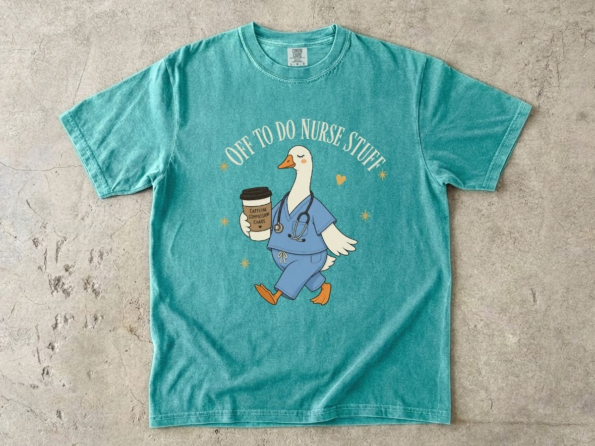 Nurse Goose Coffee T-Shirt — 'On My Way to Save' Cute Medical Scrubs Tee