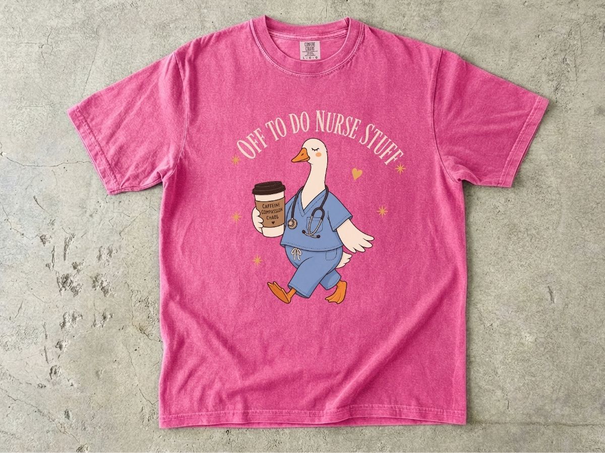 Nurse Goose Coffee T-Shirt — 'On My Way to Save' Cute Medical Scrubs Tee