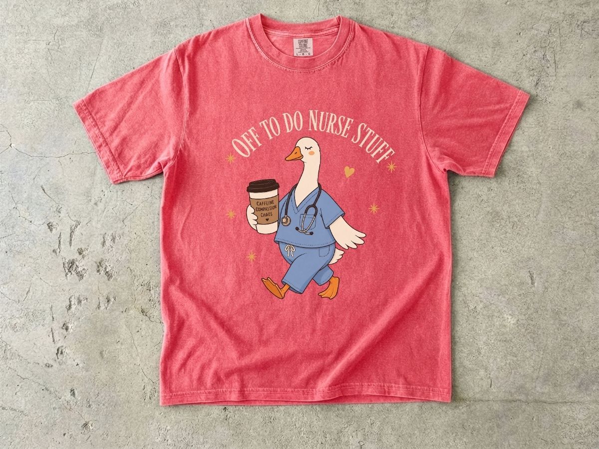 Nurse Goose Coffee T-Shirt — 'On My Way to Save' Cute Medical Scrubs Tee