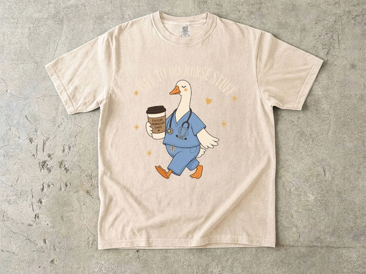 Nurse Goose Coffee T-Shirt — 'On My Way to Save' Cute Medical Scrubs Tee