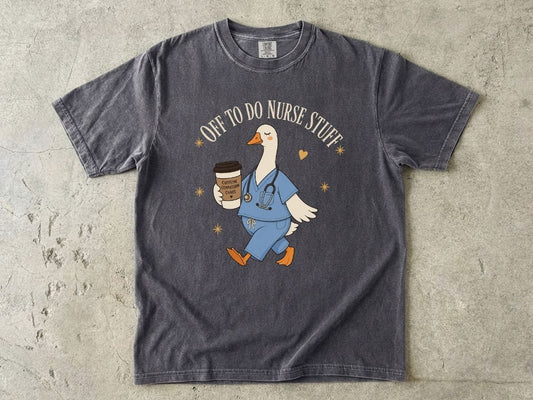 Nurse Goose Coffee T-Shirt — 'On My Way to Save' Cute Medical Scrubs Tee