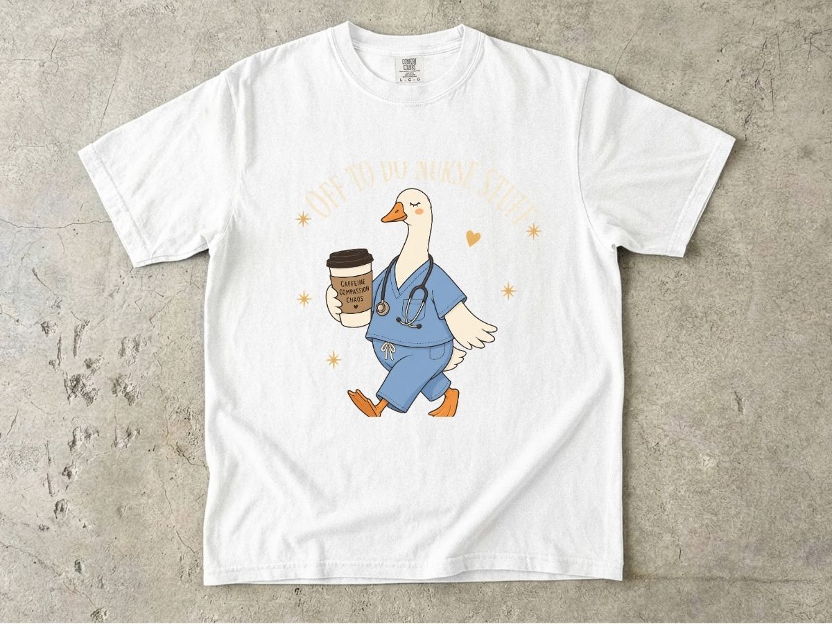 Nurse Goose Coffee T-Shirt — 'On My Way to Save' Cute Medical Scrubs Tee
