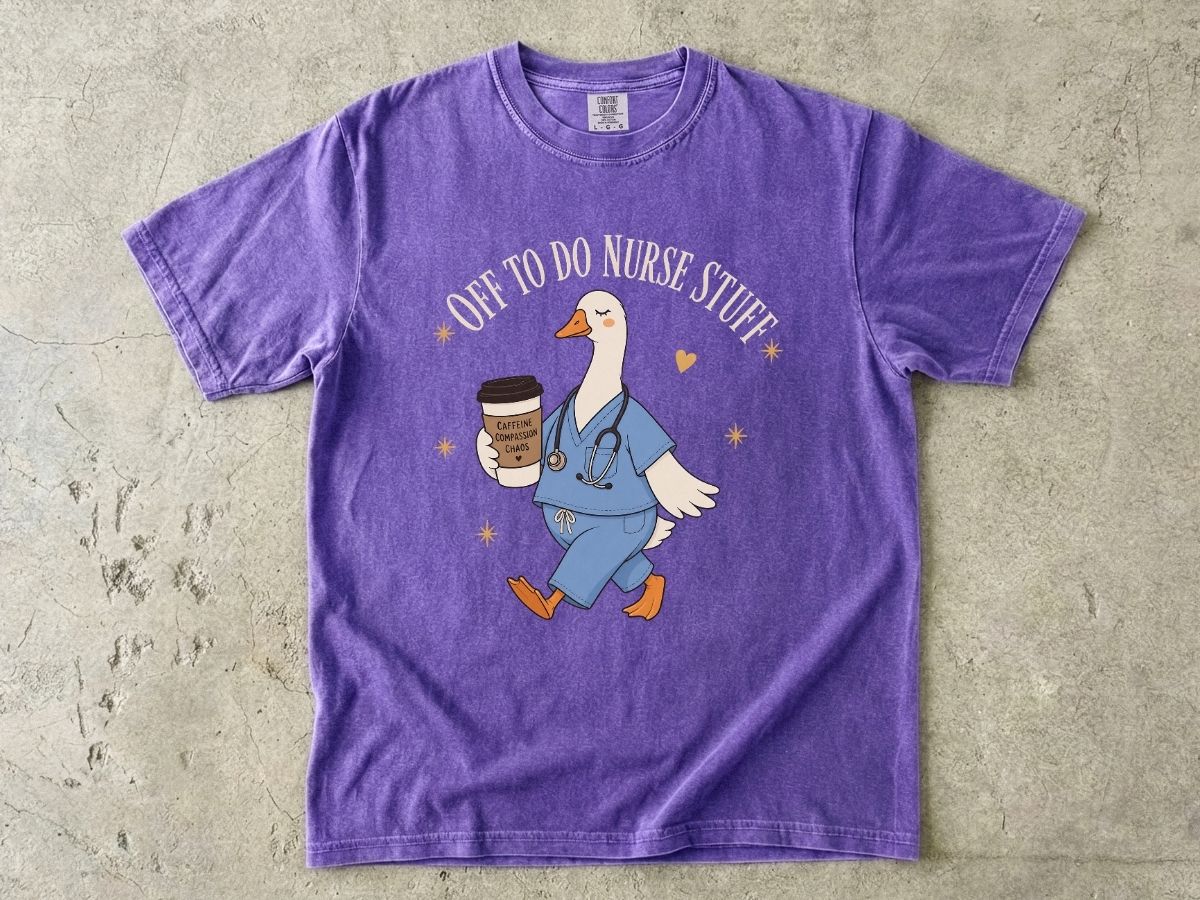 Nurse Goose Coffee T-Shirt — 'On My Way to Save' Cute Medical Scrubs Tee