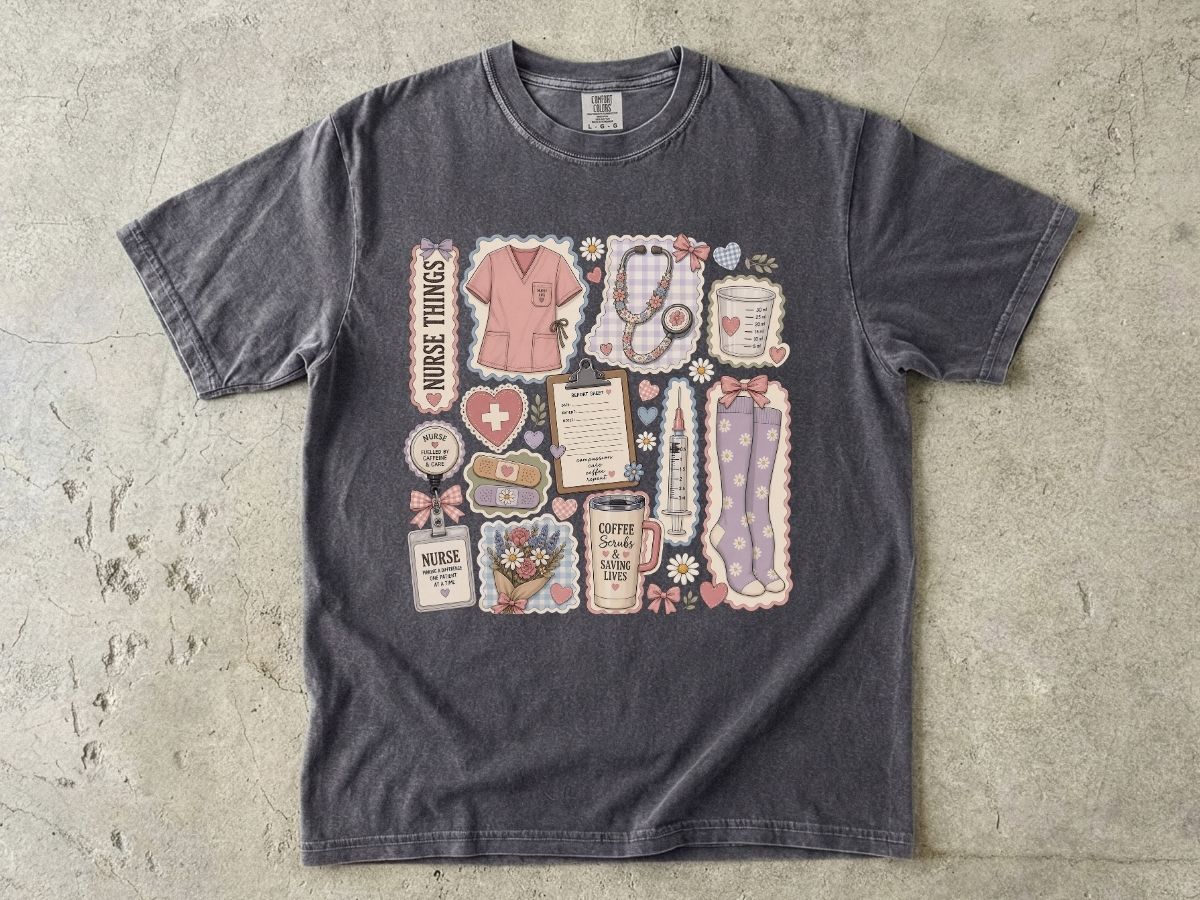 Nurse Things Graphic T-Shirt — Cute Medical Sticker Collage Tee