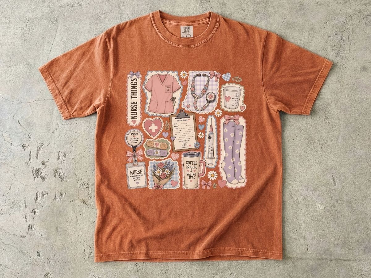 Nurse Things Graphic T-Shirt — Cute Medical Sticker Collage Tee