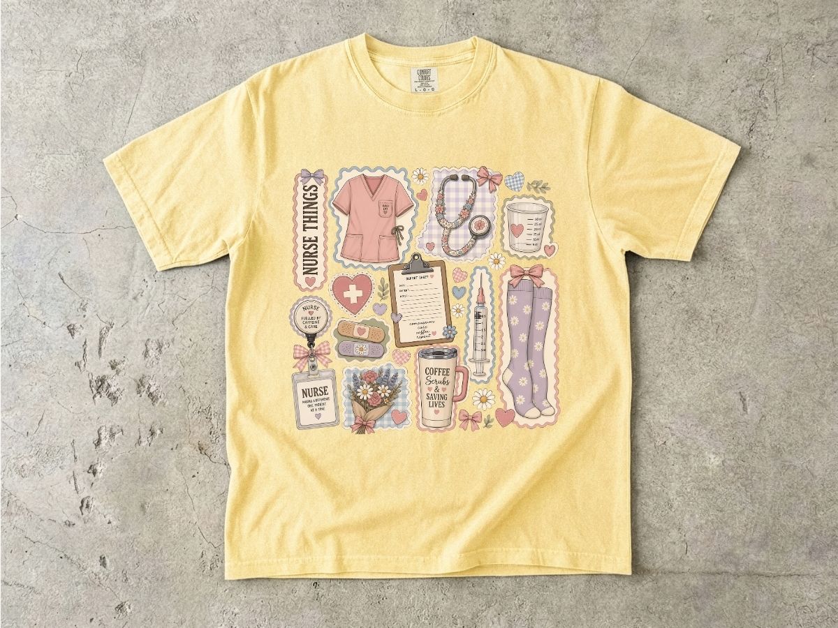 Nurse Things Graphic T-Shirt — Cute Medical Sticker Collage Tee