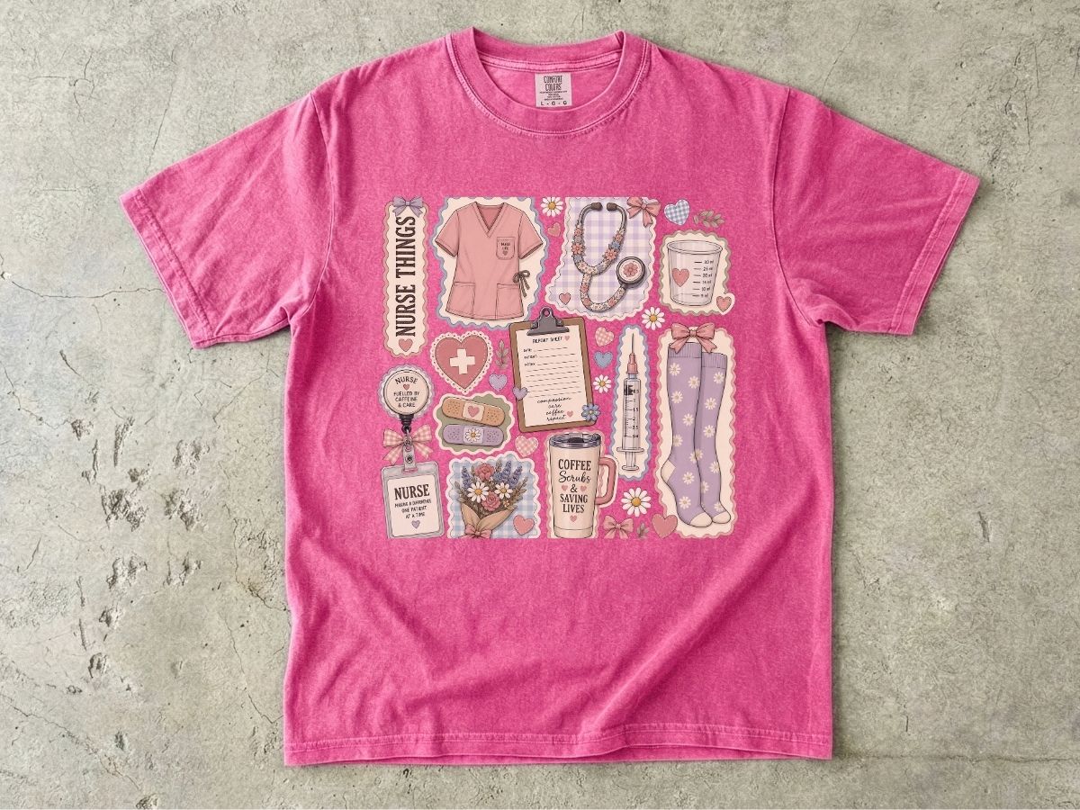 Nurse Things Graphic T-Shirt — Cute Medical Sticker Collage Tee
