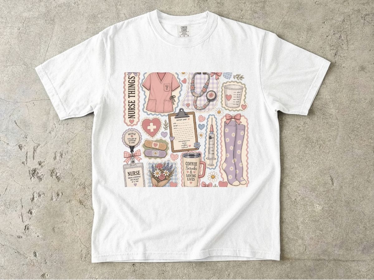 Nurse Things Graphic T-Shirt — Cute Medical Sticker Collage Tee