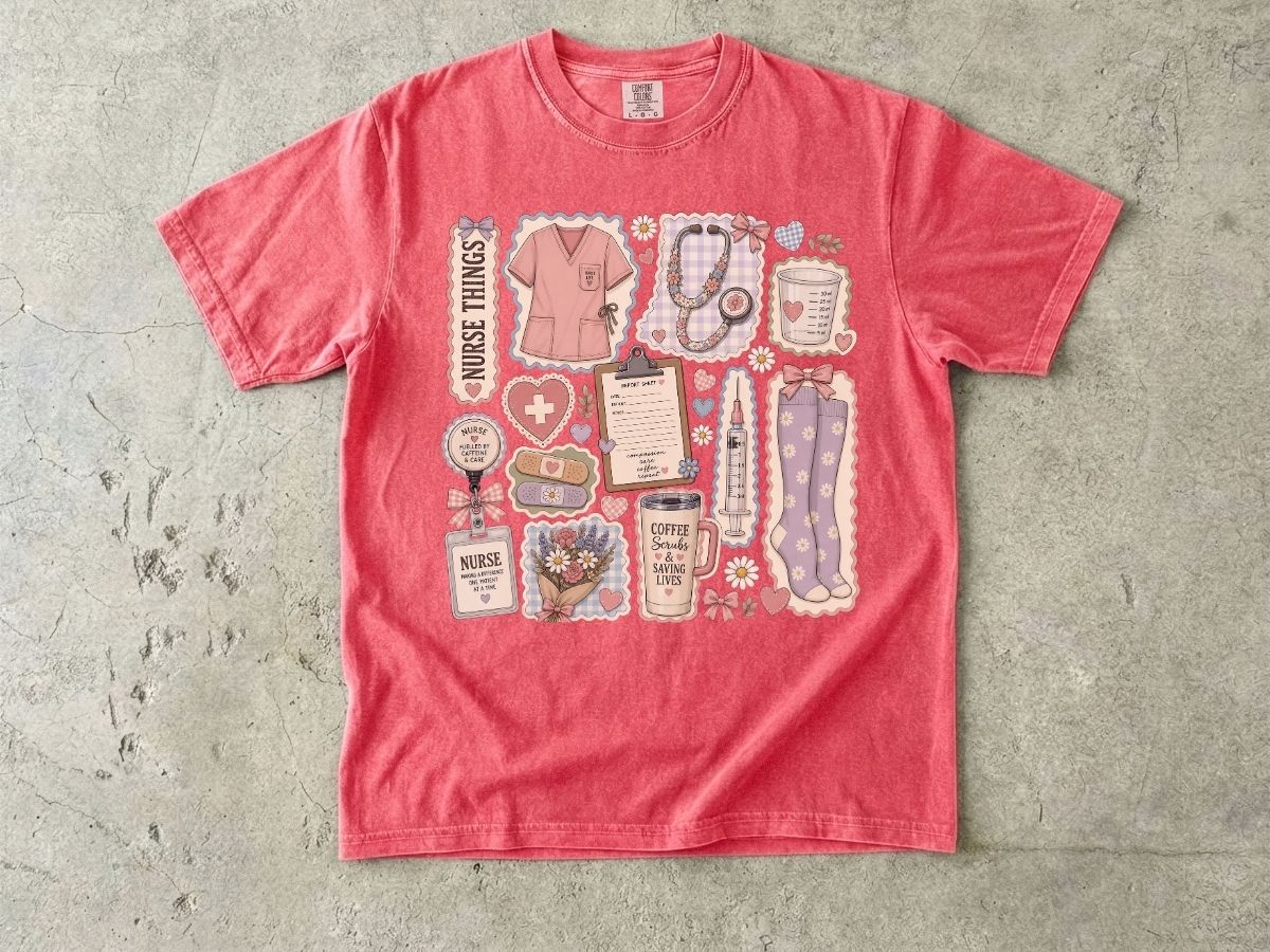 Nurse Things Graphic T-Shirt — Cute Medical Sticker Collage Tee