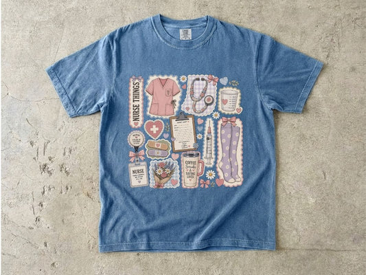 Nurse Things Graphic T-Shirt — Cute Medical Sticker Collage Tee