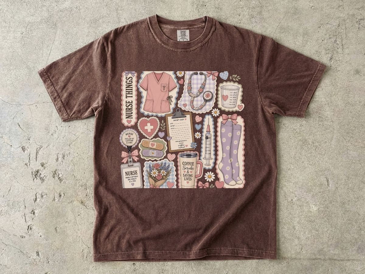 Nurse Things Graphic T-Shirt — Cute Medical Sticker Collage Tee