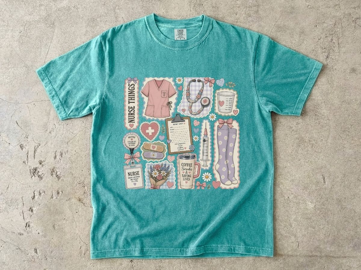 Nurse Things Graphic T-Shirt — Cute Medical Sticker Collage Tee
