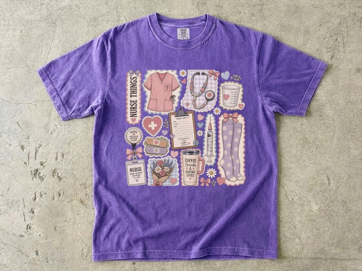 Nurse Things Graphic T-Shirt — Cute Medical Sticker Collage Tee