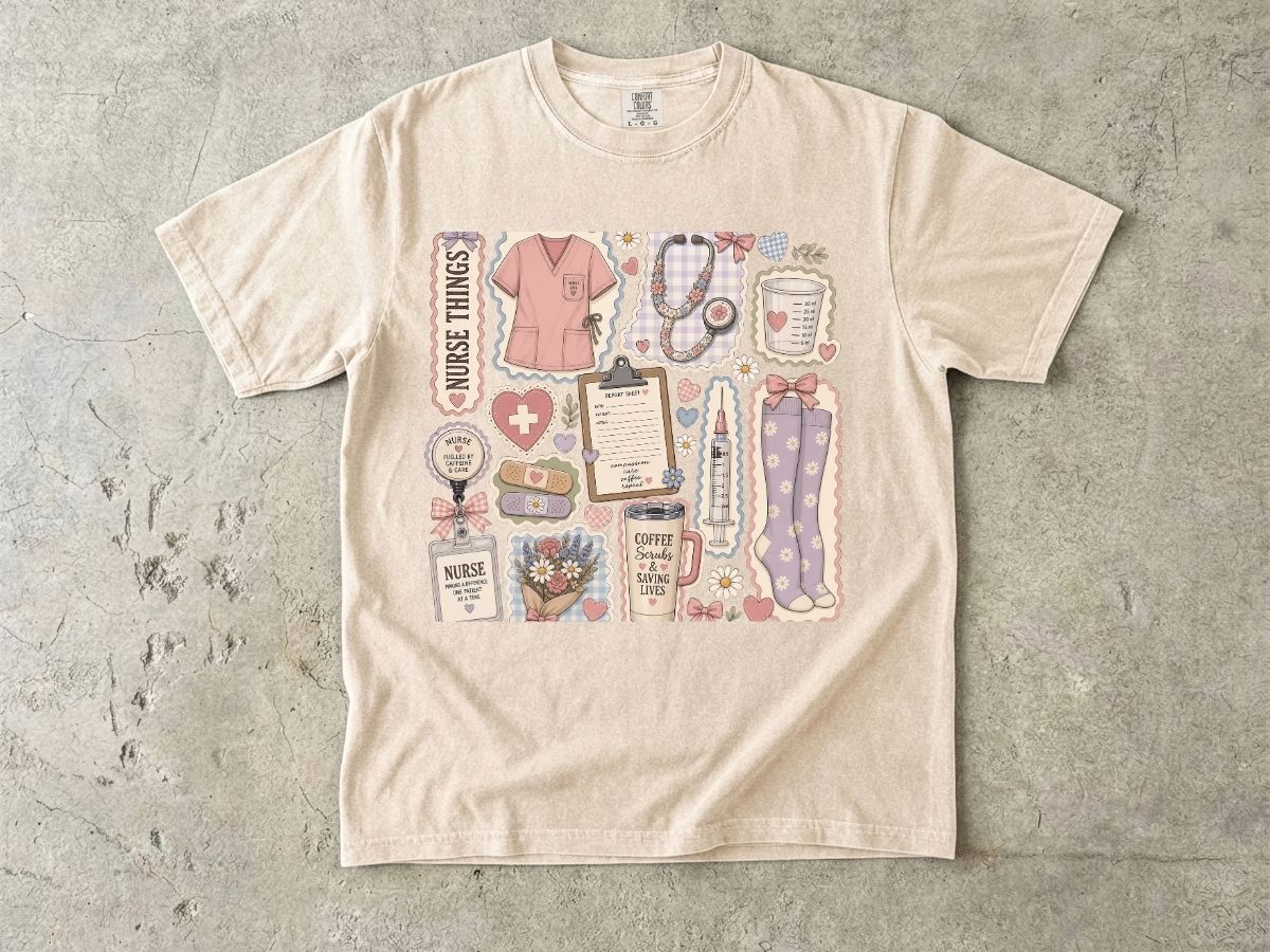Nurse Things Graphic T-Shirt — Cute Medical Sticker Collage Tee