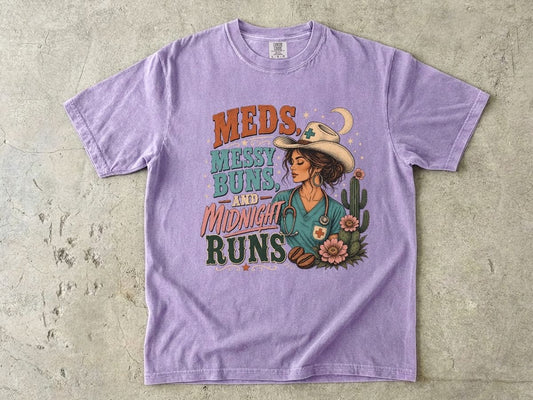 Meds Messy Buns Midnight Runs T-Shirt — Western Cowgirl Vintage Graphic Tee