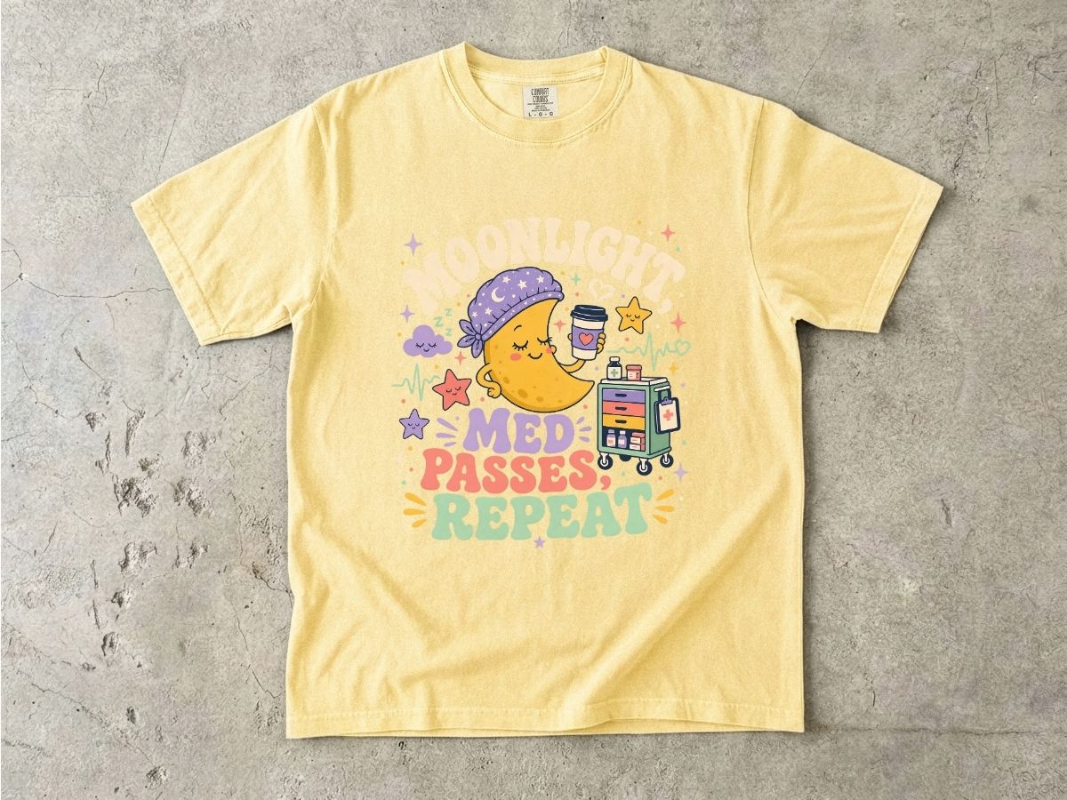 T-Shirt — "Moonlight Med Passes Repeat" Cute Nightshift Nurse Tee