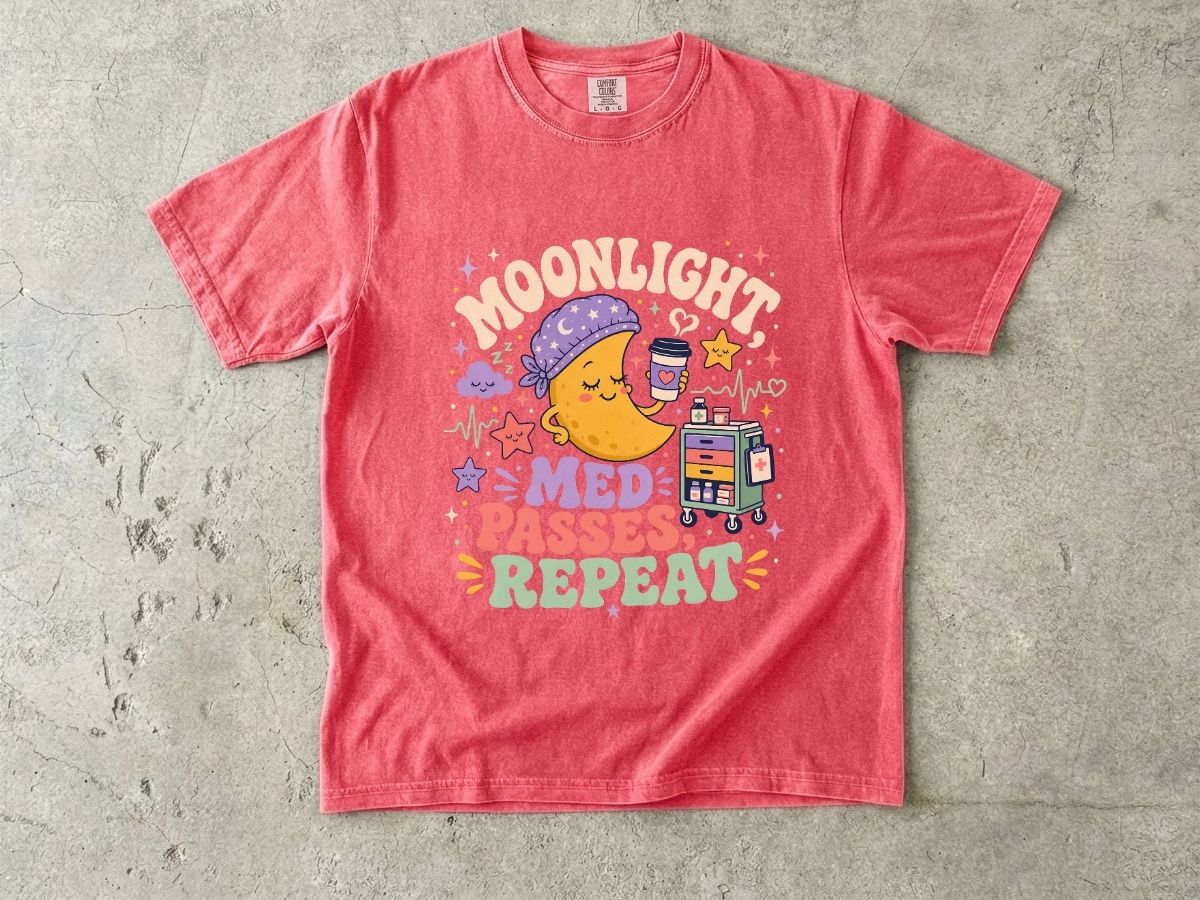T-Shirt — "Moonlight Med Passes Repeat" Cute Nightshift Nurse Tee