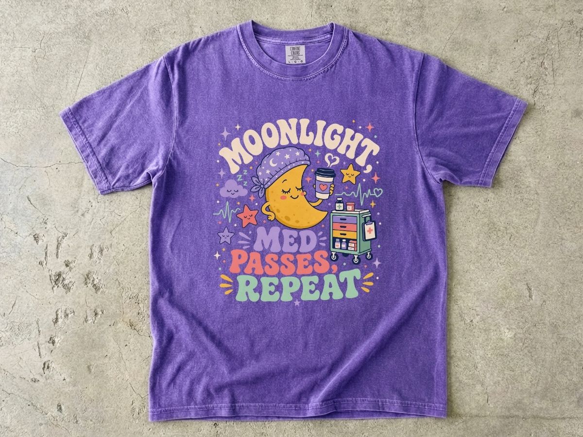T-Shirt — "Moonlight Med Passes Repeat" Cute Nightshift Nurse Tee