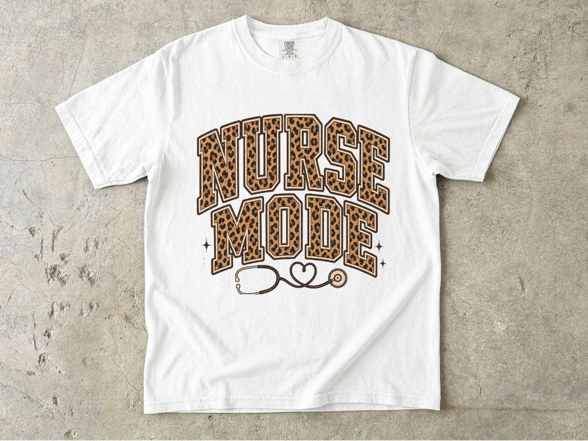 Nurse Mode Leopard Print T-Shirt — Stethoscope Heart Graphic