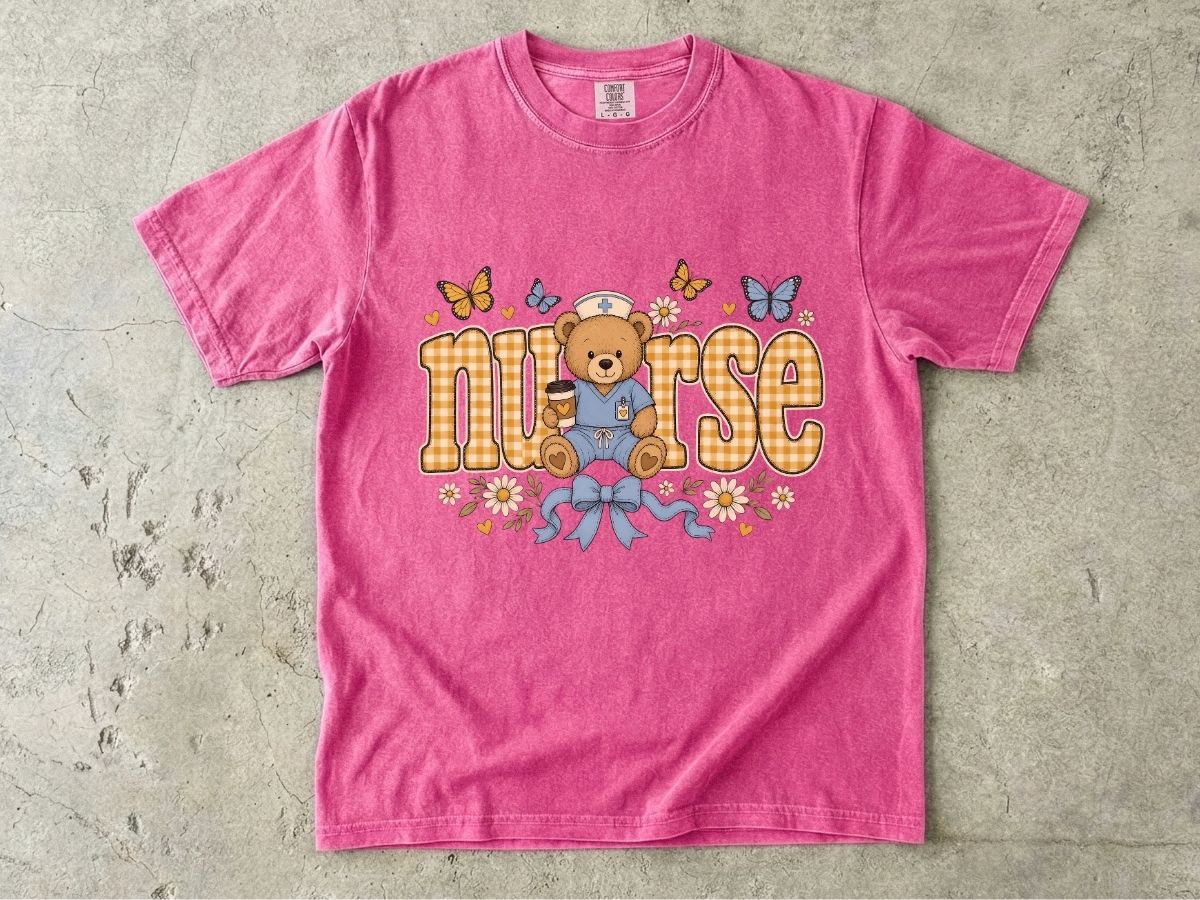 Nurse Teddy Bear T‑Shirt — Cute Nursing Gift with Plaid Lettering & Butterflies