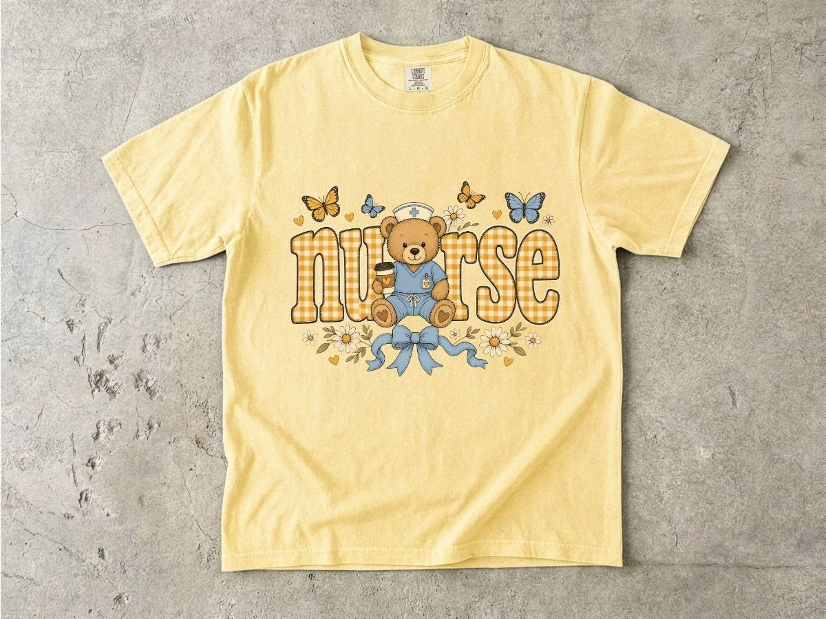 Nurse Teddy Bear T‑Shirt — Cute Nursing Gift with Plaid Lettering & Butterflies