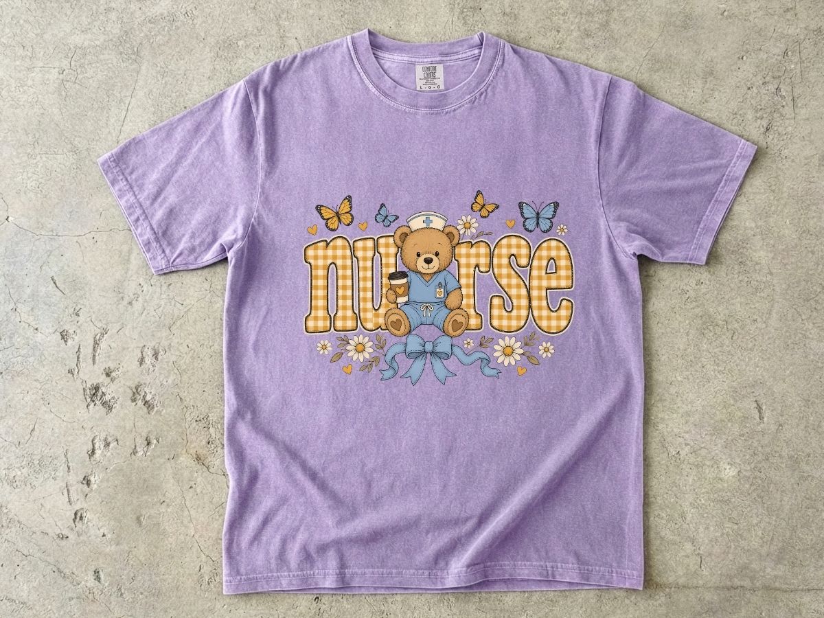 Nurse Teddy Bear T‑Shirt — Cute Nursing Gift with Plaid Lettering & Butterflies