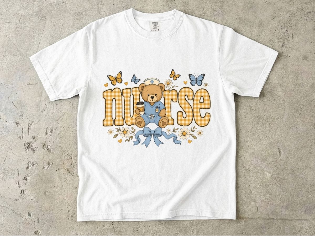 Nurse Teddy Bear T‑Shirt — Cute Nursing Gift with Plaid Lettering & Butterflies