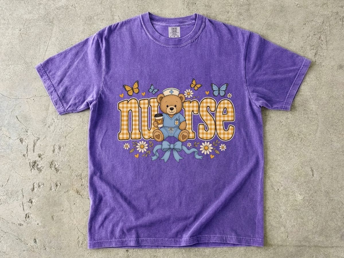 Nurse Teddy Bear T‑Shirt — Cute Nursing Gift with Plaid Lettering & Butterflies