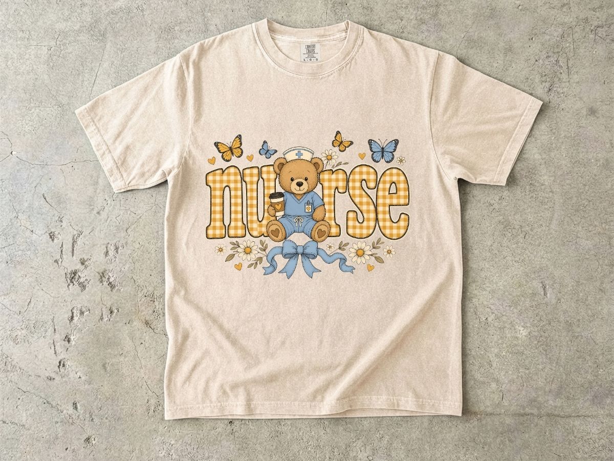 Nurse Teddy Bear T‑Shirt — Cute Nursing Gift with Plaid Lettering & Butterflies