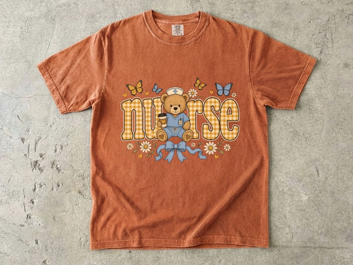 Nurse Teddy Bear T‑Shirt — Cute Nursing Gift with Plaid Lettering & Butterflies