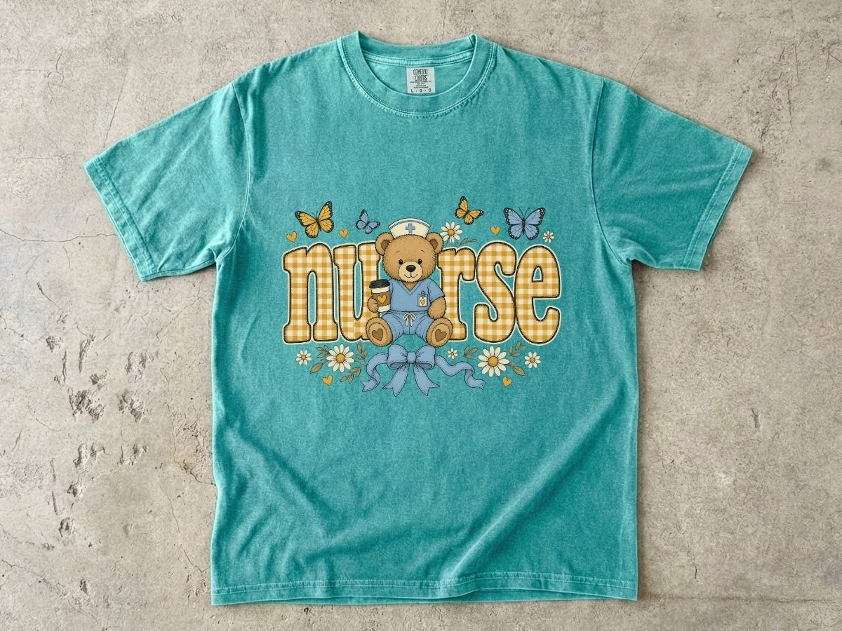 Nurse Teddy Bear T‑Shirt — Cute Nursing Gift with Plaid Lettering & Butterflies