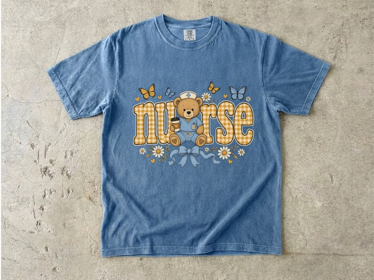 Nurse Teddy Bear T‑Shirt — Cute Nursing Gift with Plaid Lettering & Butterflies