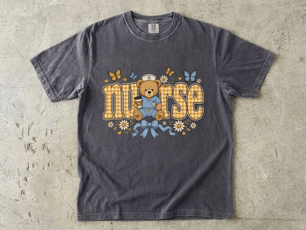 Nurse Teddy Bear T‑Shirt — Cute Nursing Gift with Plaid Lettering & Butterflies