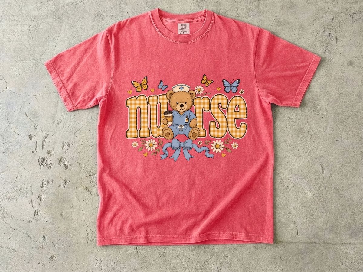 Nurse Teddy Bear T‑Shirt — Cute Nursing Gift with Plaid Lettering & Butterflies