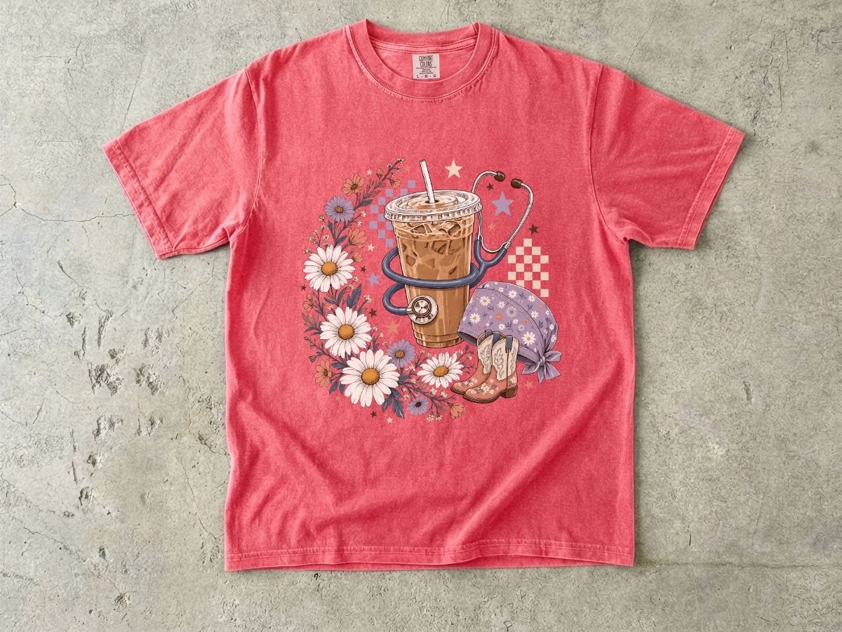 Iced Coffee & Flowers T-Shirt — Boho Cafe Aesthetic Tee